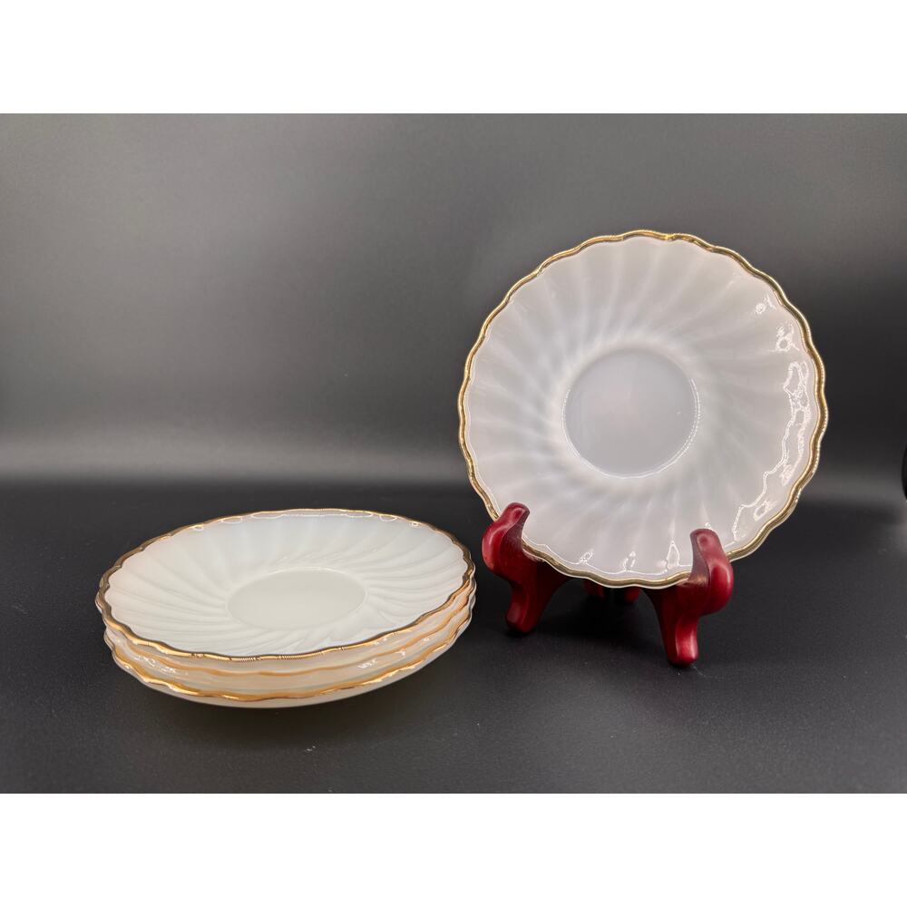 Fire King Milk Glass 6" Plate 22k Gold Rim Swirl Vintage Anchor Hocking Set of 4